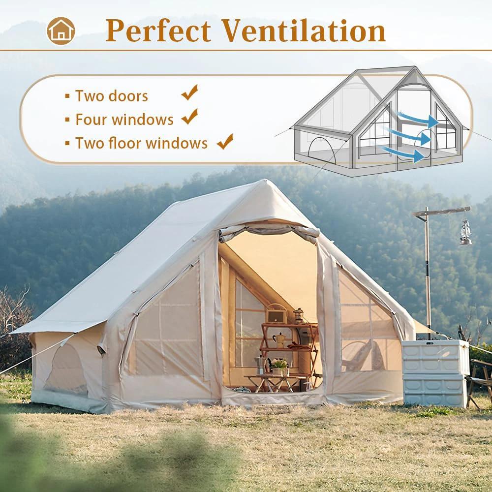 Inflatable Tent 4-6 Person 4-Season Waterproof Windproof Oxford Fabric Luxury Cabin Glamping Tent Easy Setup with Carry Bag