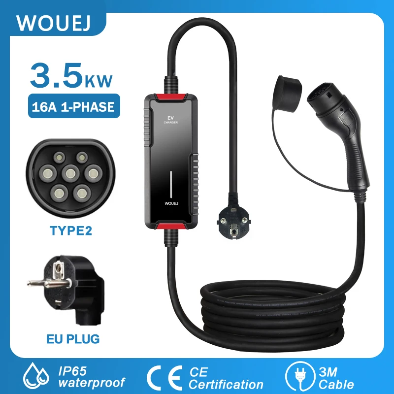 WOUEJ Portable EV Charger 3.5KW Type2 16A  1 Phase for Electric Car 16A 5 Meters with EU Power Plug