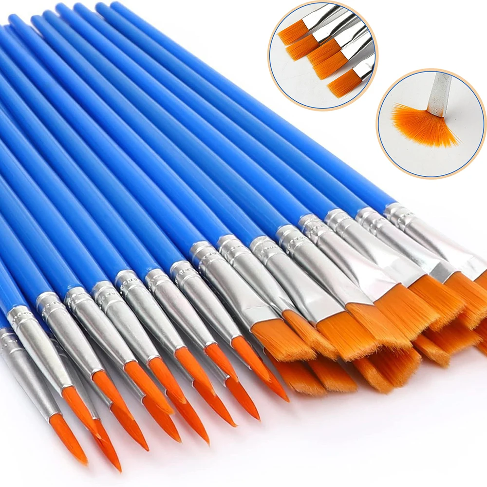 30pcs/set Flat and Round Head Paint Brushes Ergonomic Handle Small Paint Brushes Set for DIY Watercolor Canvas Face Painting