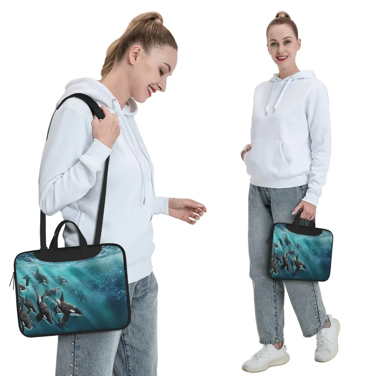 Bule Orca Whale Family Swimming In Sea Crossbody Laptop Bag Case  13 14 15.6 Inch Notebook Pouch for Macbook Pro Lenovo