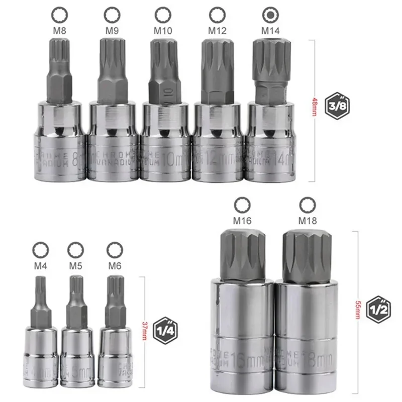 

A93E-10-Piece 12-Point Star Head Socket Set Automotive Use With Case Tool Kit High Quality Ratchet Wrench Compatible