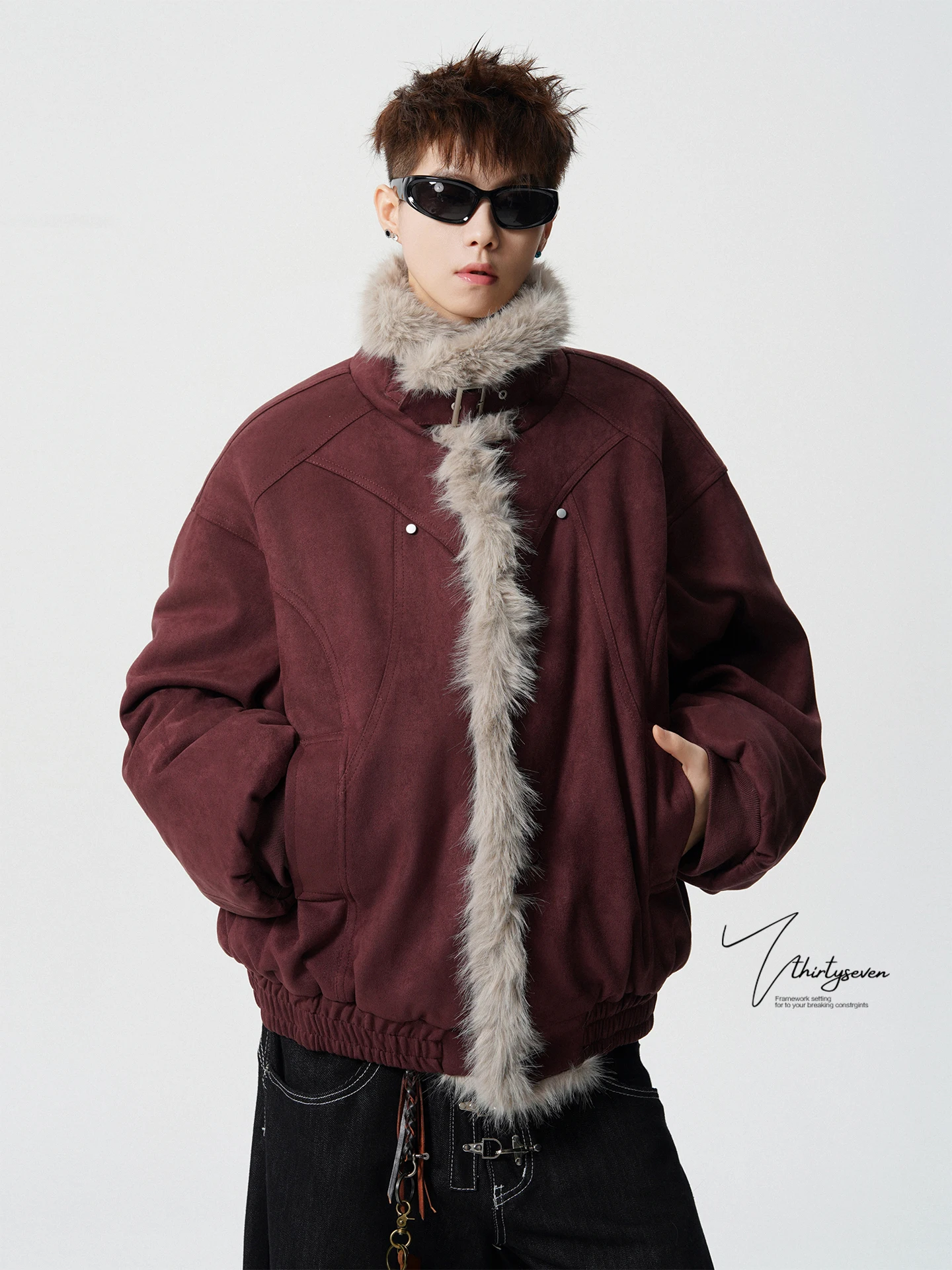 

V37 Мужская хлопковая куртка American Sle, зимнее винтажное свободное пальто с замшевым воротником, модная цельная верхняя одежда с меховым воротником-стойкой