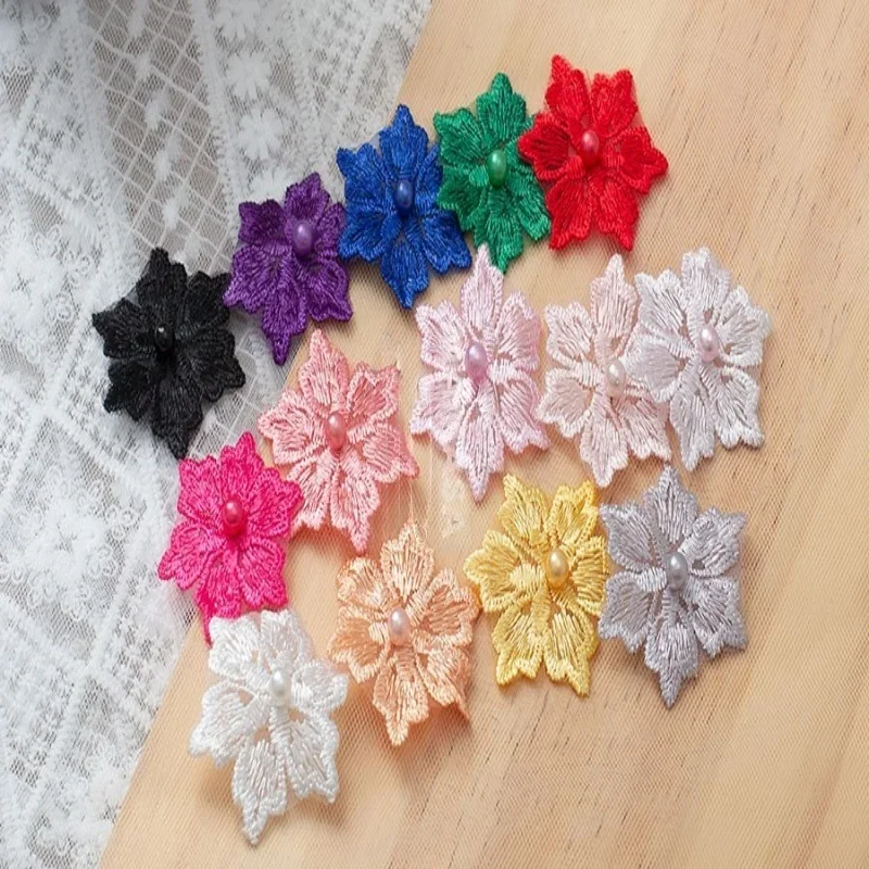 3 Pcs/lot 4.5cm Quality Single-layer Color Beaded Flower Organza Lace Patch Sticker