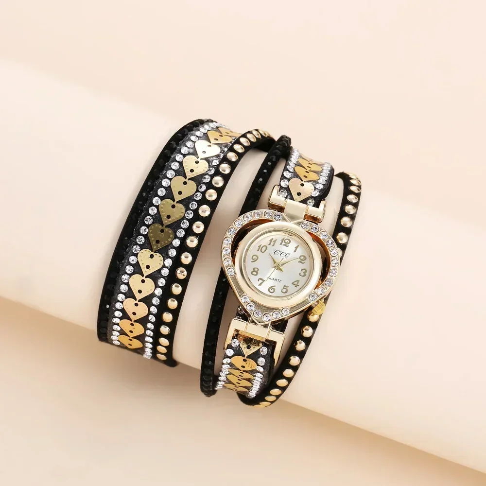 Zicron Heart Dial Bracelet Watch Rhinestone Wrap Bracelet Watch Quartz Wrist Watches For Women