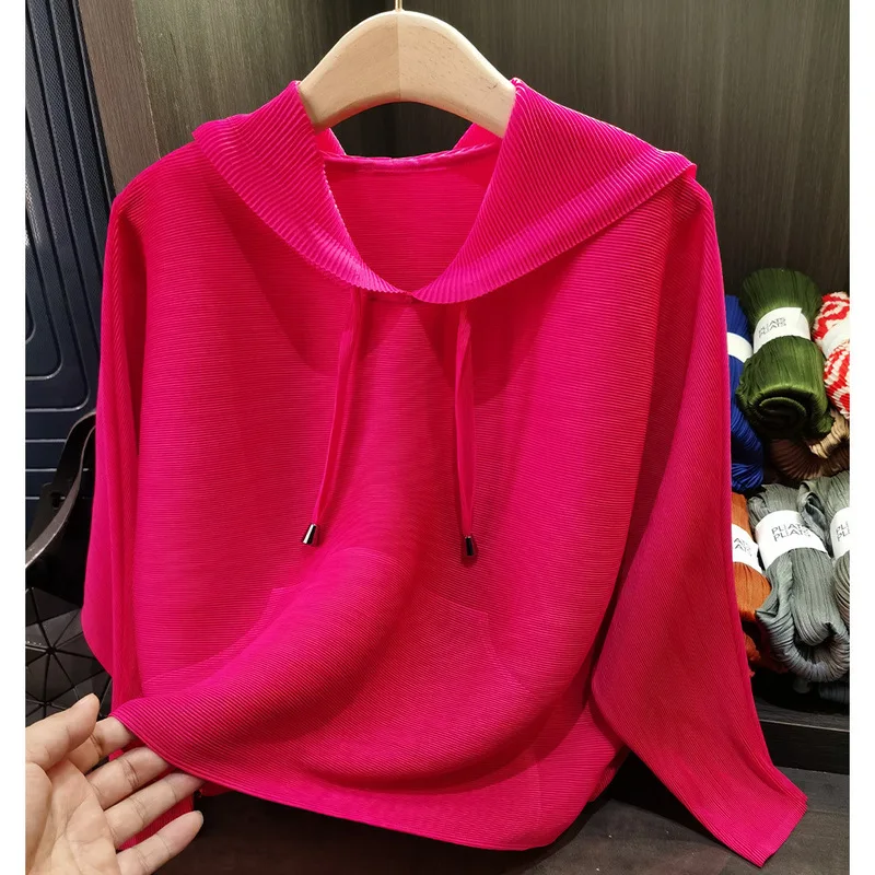 Youthful Pleated Hooded Sweat Shirt for Women Casual Loose Top Miyake High Elastic Beach Long Sleeve Soft Tops