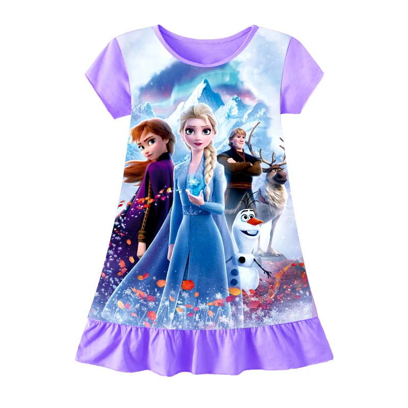 2024 New Summer Anna Elsa Dress Girls Nightdress Clothes Summer Cartoon Nightgown Children Clothing Short Sleeve Pajamas