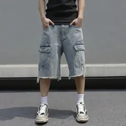 Korean Fashion Men's Wide Leg Denim Shorts Summer New Fashion Loose Casual Elastic Waist Large Pocket Cargo Men's Jeans Shorts