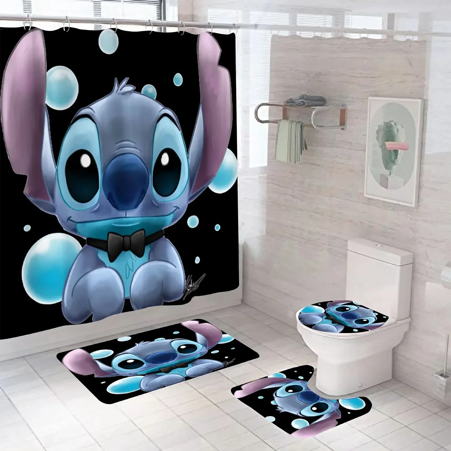 

Disney Lilo Stitch Bathroom Shower Curtain Waterproof Curtains in The Bathroom with Hook Set Soft Bath Mat Toilet Carpet Rugs