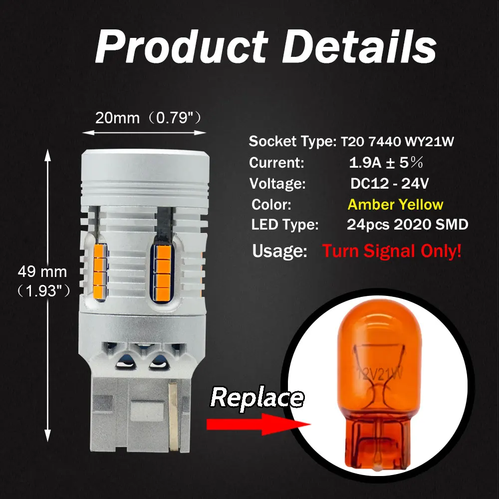 2Pcs 7440 LED Bulb Amber,7440A 7440NA WY21W T20 Turn Signal Light