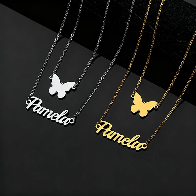 

Custom Name Stainless Steel Double Chain Butterfly Pendant 2pcs Necklace Set Name Text Personalized Necklace Woman Jewelry Gift