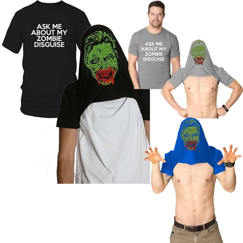 2026 Herren Mode Zombie-Print Grafik T-Shirt Y2K „Frage mich nach meinem Zombie“ Spruch-T-Shirt Lustiges Flip-Kostüm Outbreak Halloween Oberteil