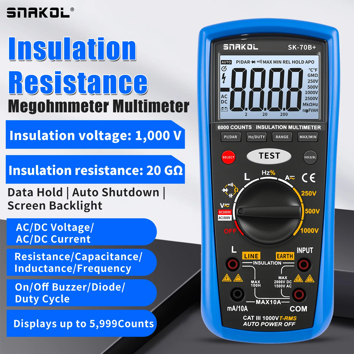 SNAKOL SK‑70B+ True RMS Insulation Megohmmeter Multimeter 5999‑Count AC DC Volt‑Current Inductance Capacitance Insulation Tester