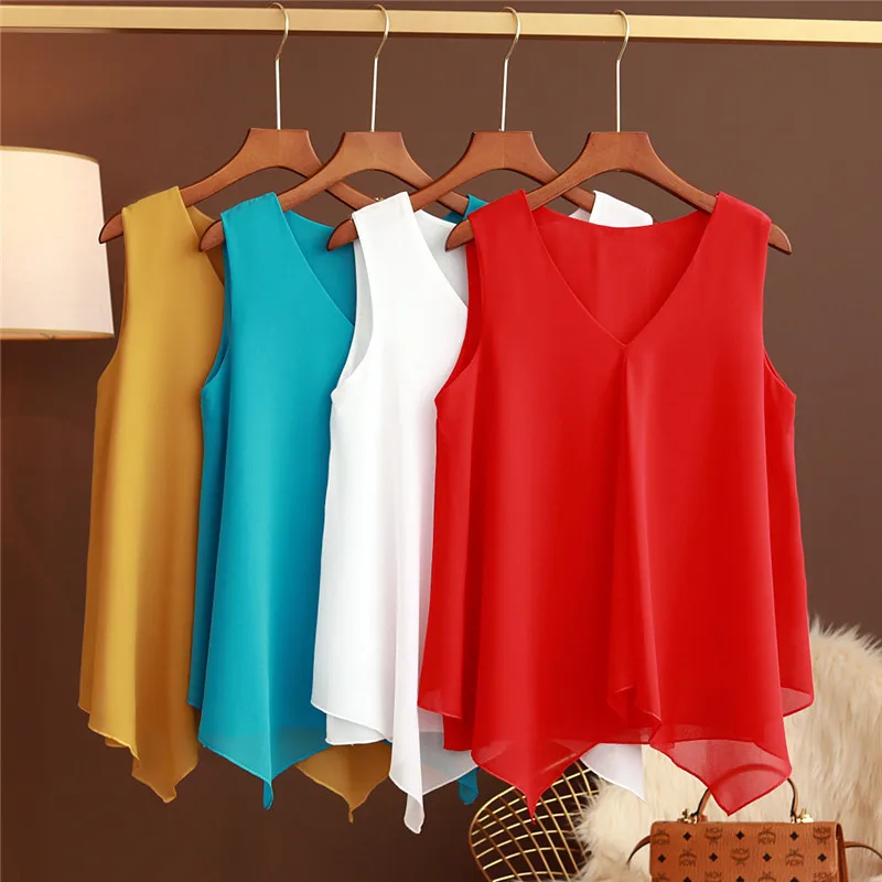 Women Sleeveless Chiffon Tank Top Plus size Casual Blouse Pleated Big Swing Chiffon Shirts camisa blusen damen blouse large