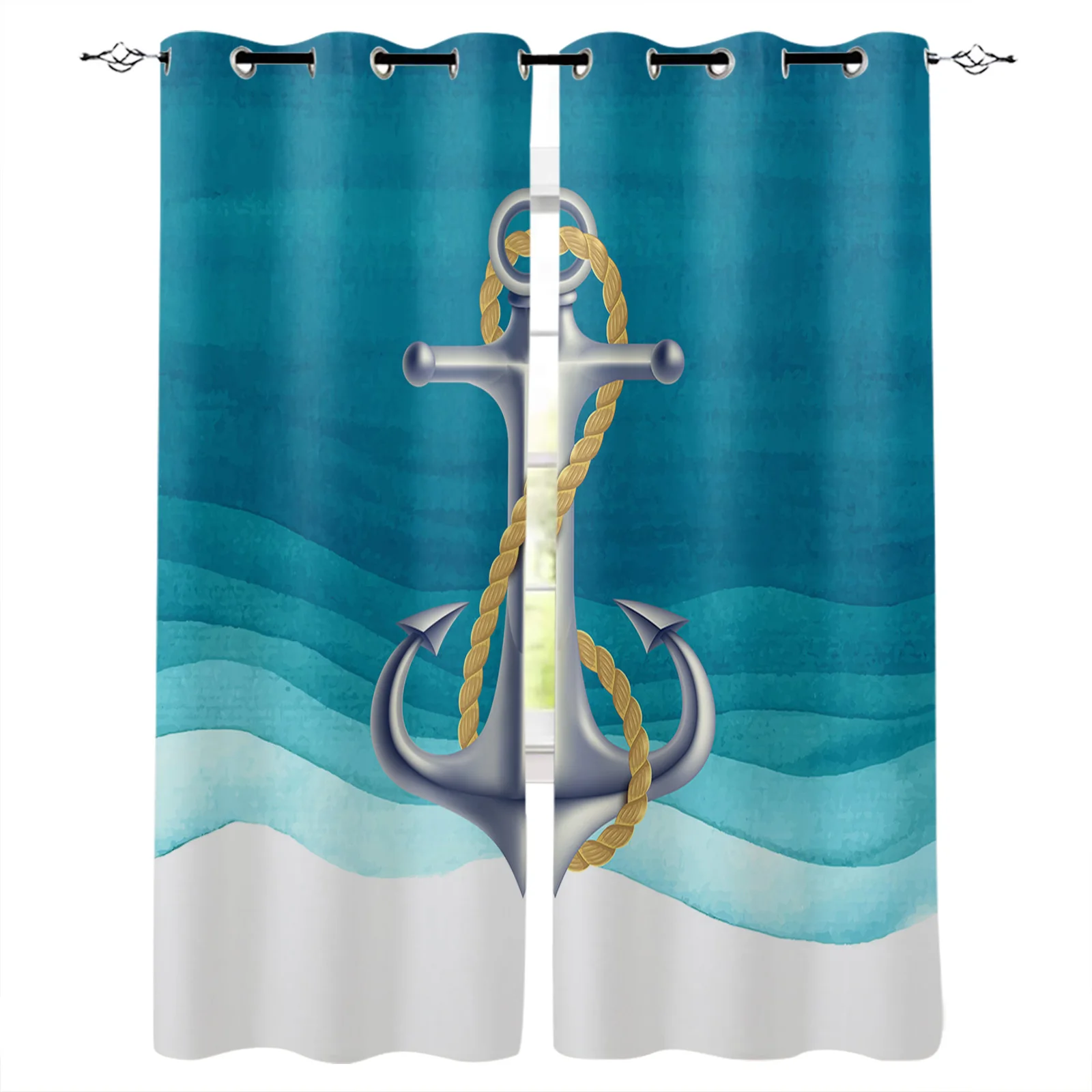 Ocean Gradient Anchor Teal Curtains for Living Room Kids Bedroom Blinds Windows Curtain Balcony Hall Custom Drape Long Cortinas