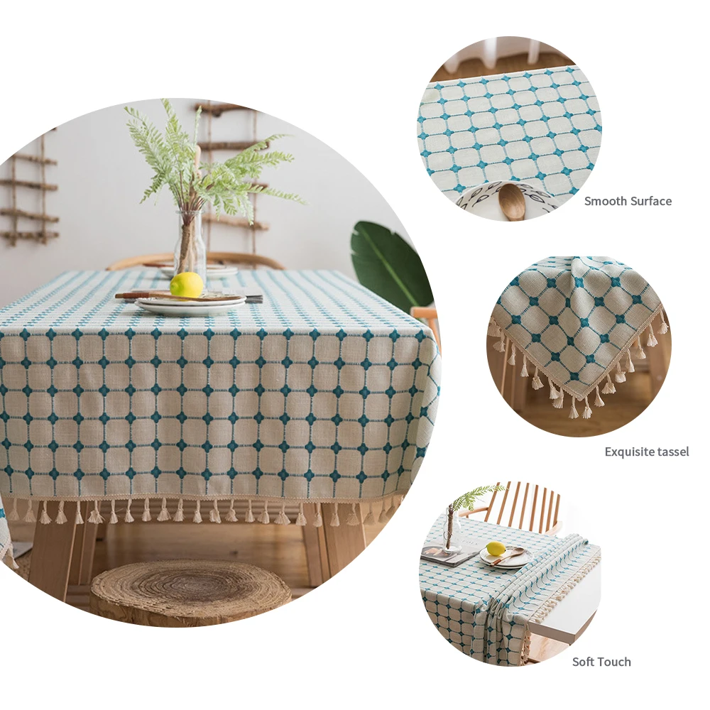 Jacquard ผ้าปูโต๊ะลายสก๊อตพู่ฝ้ายลินินอเมริกันกาแฟตารางสี่เหลี่ยมผืนผ้าแผ่นรองจานสิ่งทอหน้าแรก