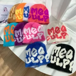 2025 Newest Y2K Unisex Warm Beanie Hat Plush Letters Jacquard Rabbit Fur Cashmere Skullies Ins Soft Fuzzy Personality Beanie Hat