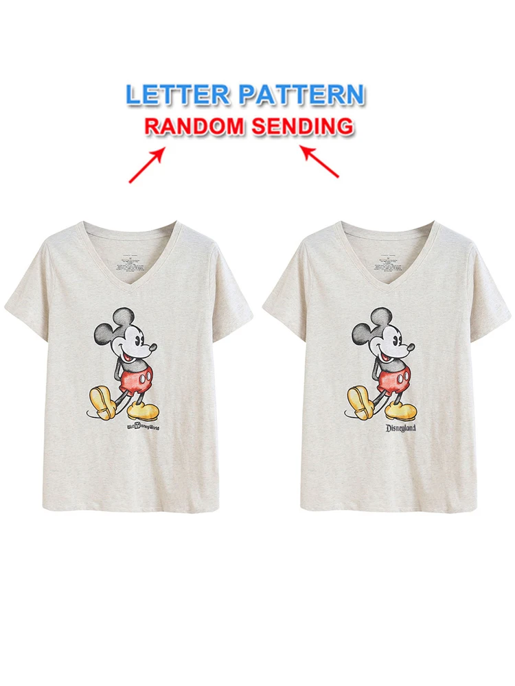 Disney Vintage Mickey Mouse Cartoon Print Distressed Water Washing T-Shirt Women Short Sleeve Deep V-Neck Tee Top Female 2 Color