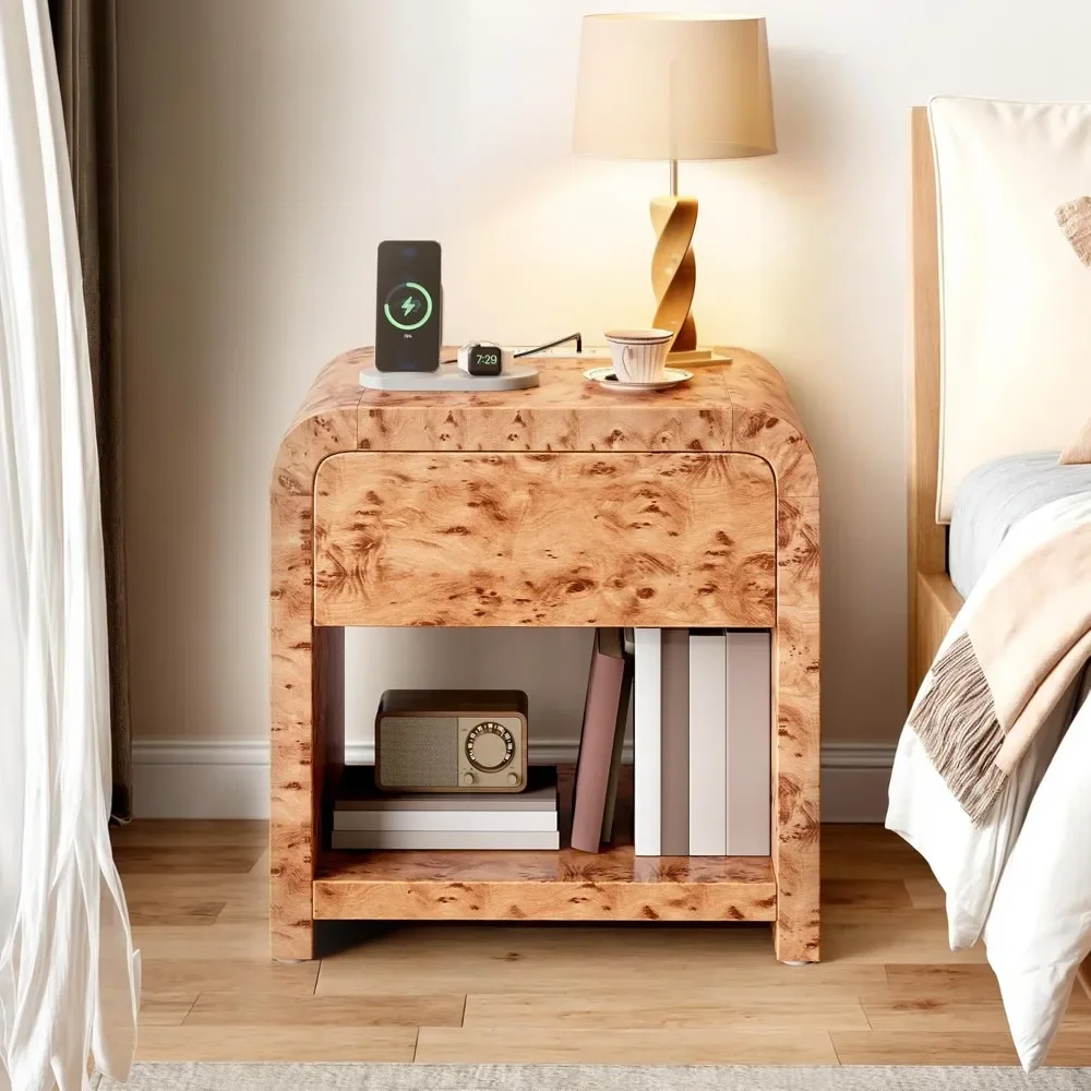 

End Table, Nightstand wirh Drawer Charging Station, Farmhouse Bedside Table Small End Table for Living Room Bedroom