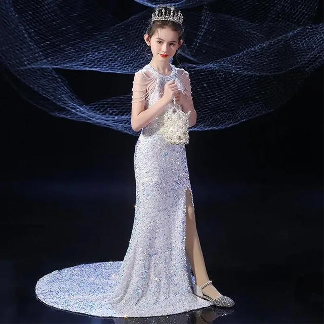 Robes de demoiselle d honneur fendues sur le cote pour filles robe longue de ceremonie de mariage robe de soiree de princesse avec perles pour enfants AliExpress