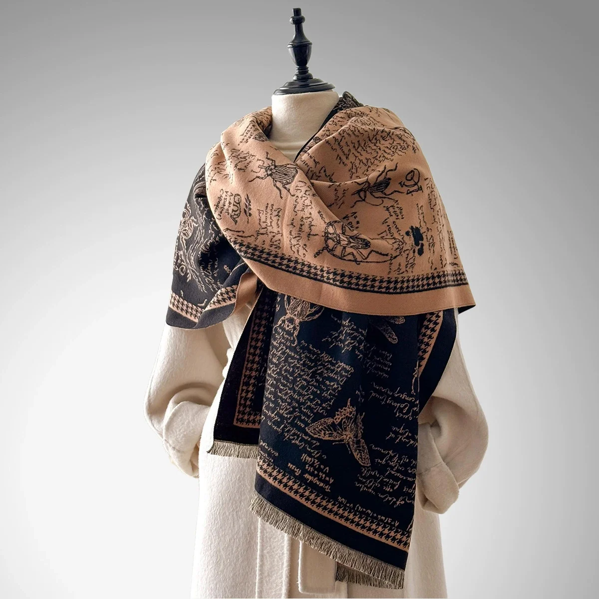 

Women's Fashion New Faux Cashmere Winter Pashmina Vintage Printed Tassels Thick Warm Two-Sided Outdoor Scarf Shawls Wraps
