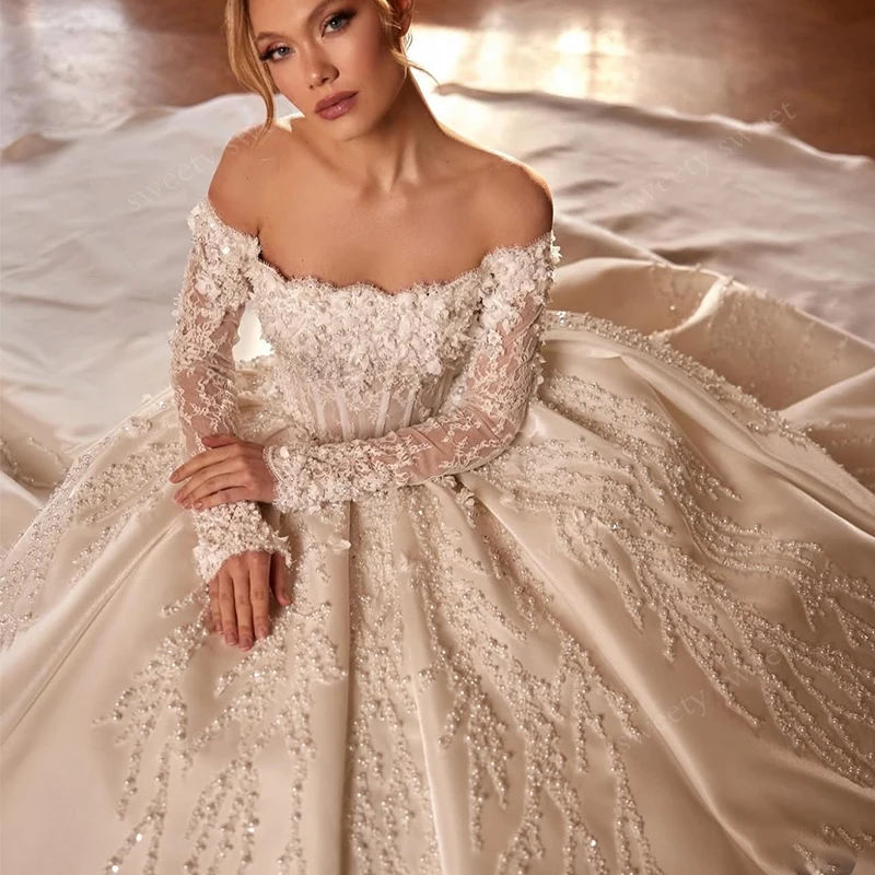 Elegant Wedding Dress Taffeta With Beading Satin Ball Gown Boat Neck Fullsleeve Bridedress Customized Vestido De Novia Lace Robe