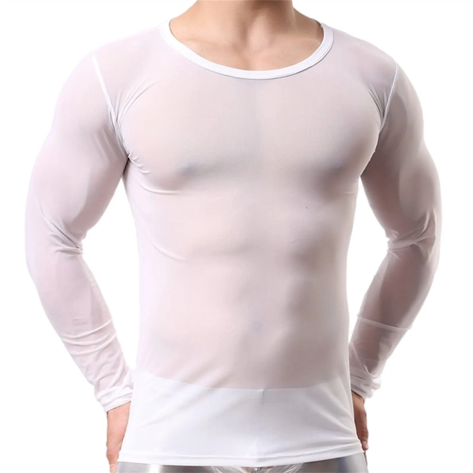 Men Sexy Mesh T-Shirt Transparent Stretchy Underwear Tshirts Long Sleeve Tee Shirt Seamless Undershirt Sheer Nightwear Clubwear