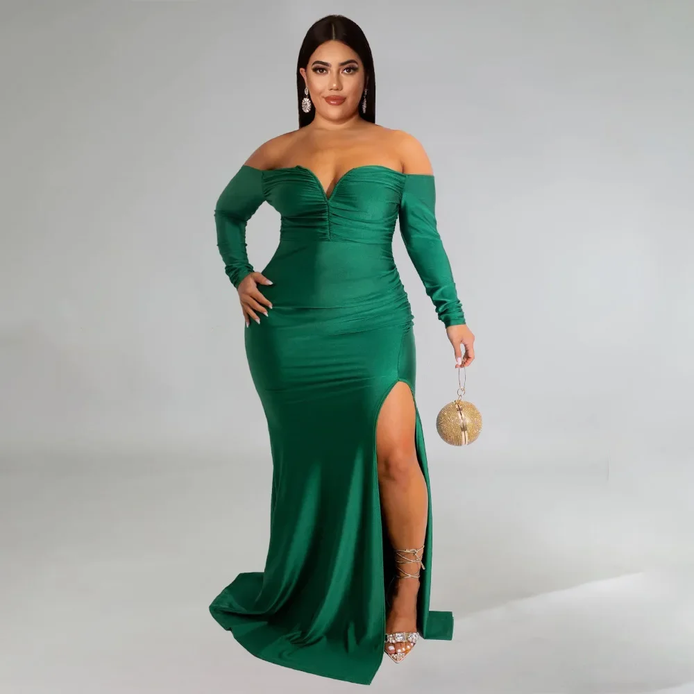 KEXU Sexy High Split Elegant Evening Dresses Plus Size Women Celebrity Party Maxi Dress Full Sleeve Strapless Bodycon Long Dress