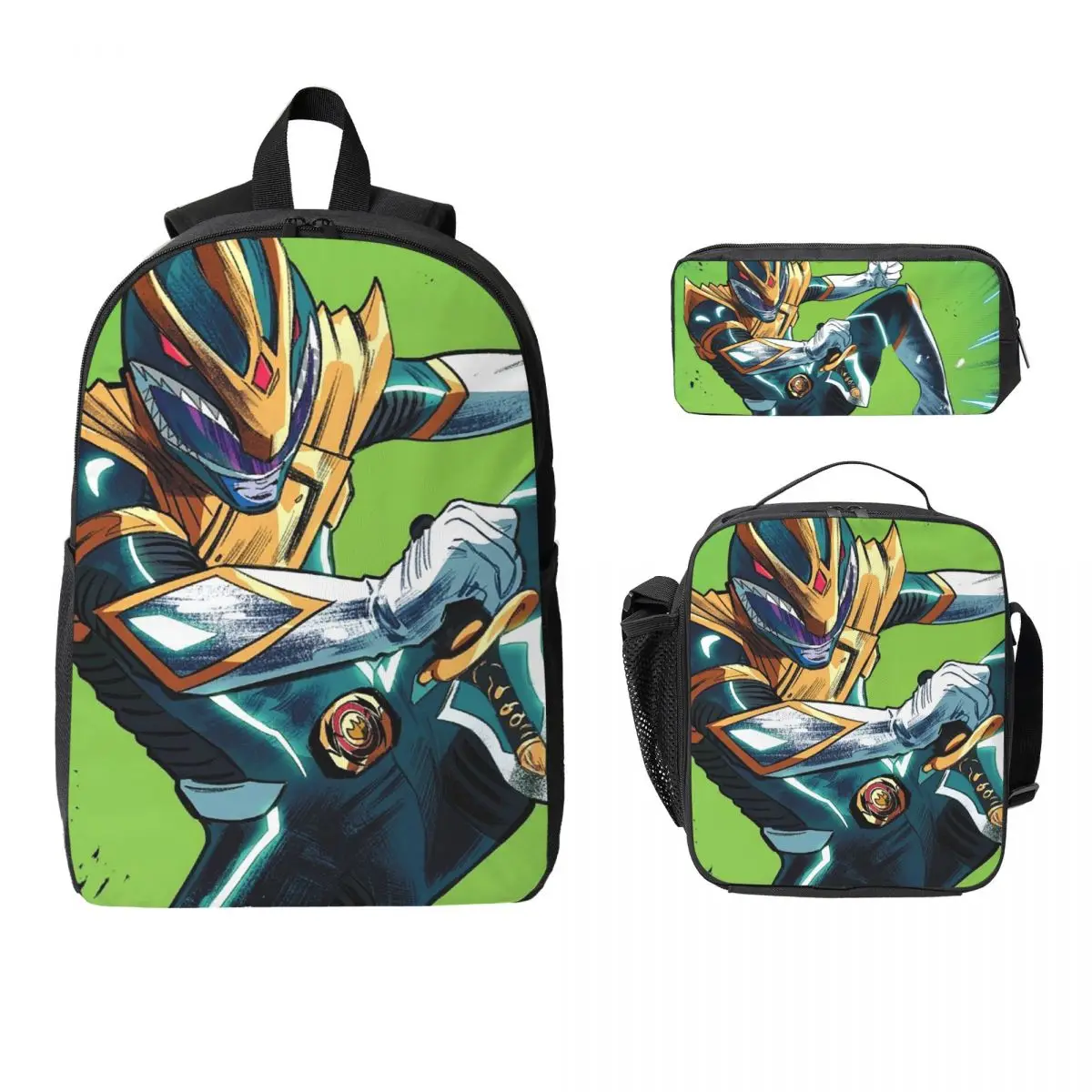 Sac à dos Mighty Morphin Power Ranger, sac à livres pour étudiants, sac d'école, sacs à bandoulière pour ordinateur portable, 3 pièces, sac à déjeuner isotherme, trousse à crayons
