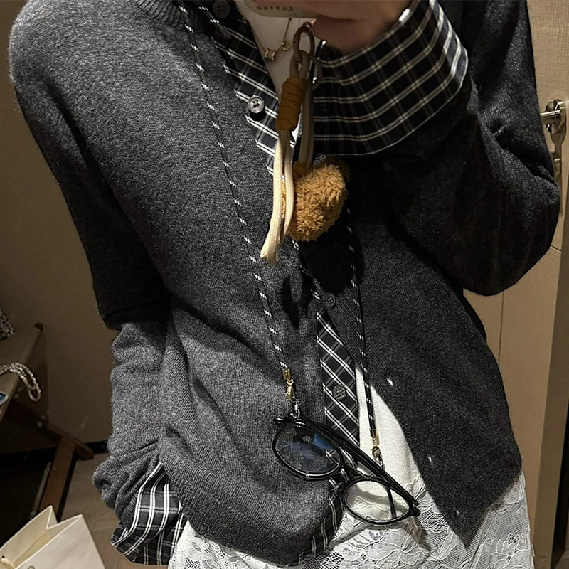 Cardigan coréen deux fausses pièces pour femme, Plaid, mélange de couleurs, tricoté, simple boutonnage, col rond, manteaux pour dame, printemps automne