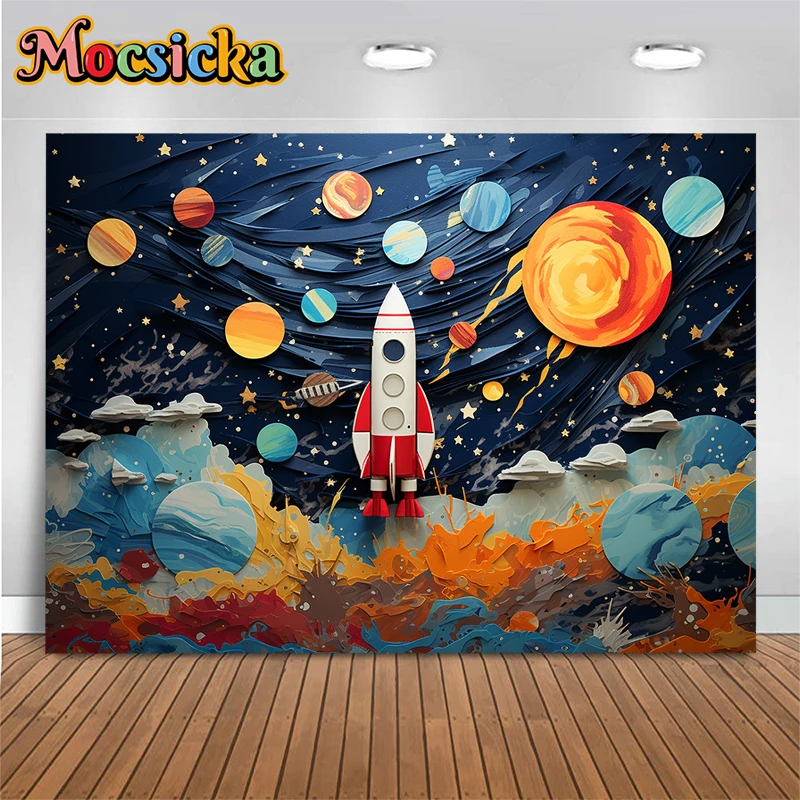 Universe Space Rocket Background Photography Cartoon Spaceship Mars Children Shower Boy Happy Birthday Wallpaper Decor Backdrop