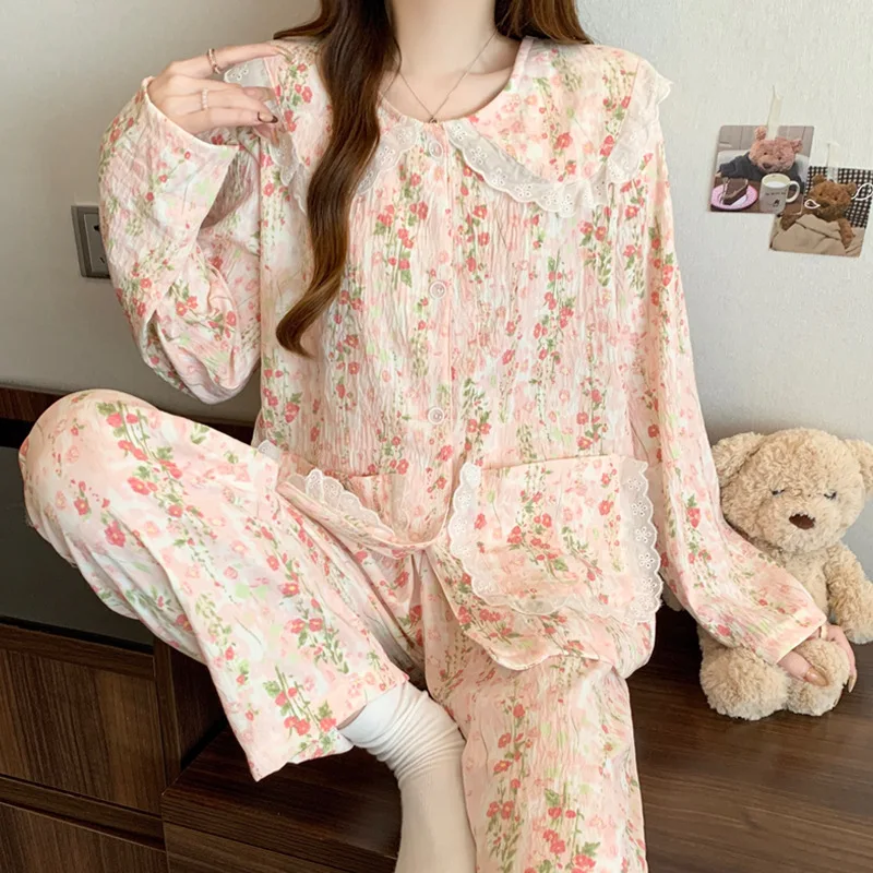 

Spring and Autumn New Women's Pajama Home Clothes Set Cute Doll Collar Loose Pajama Home Clothes Long Sleeve Long Pants Set