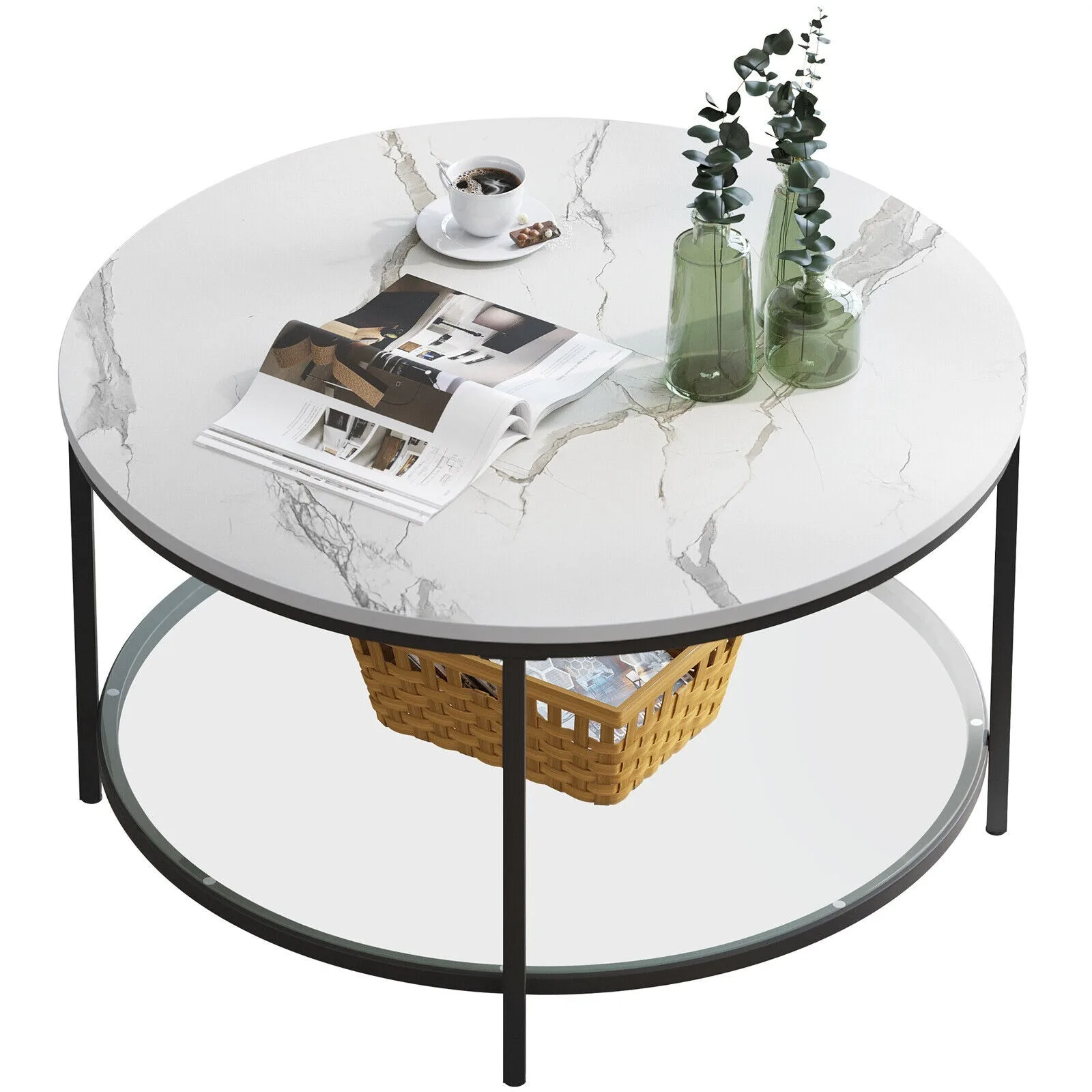 

US Faux Marble Round Coffee Table Cocktail Table with Glass Open Storage Shelf