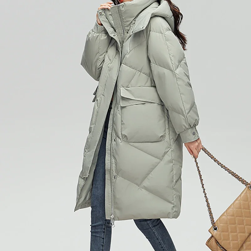 Women Zippers Hooded Down Coat Pocket Thicken Thermal Long Coat Buttons Long Sleeve Causal Coat Office Parkas Autumn Winter