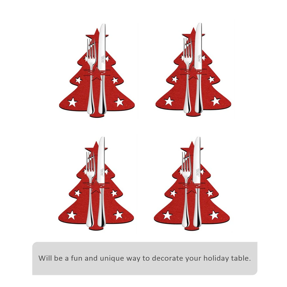 

8 Pcs Christmas Tree Tableware Set Reusable Red Non Woven Cutlery Bags Storage For Holiday Dinner Decor