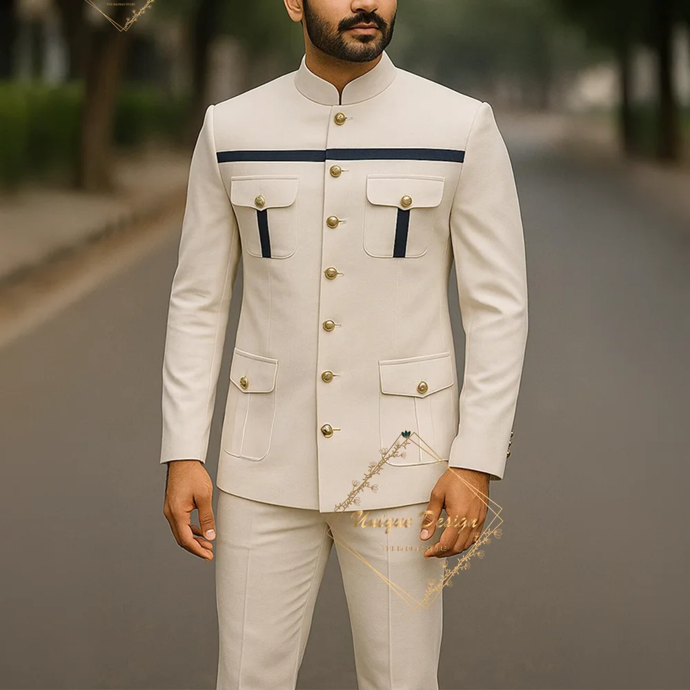 

Ivory Formal Safari Suit Custom Made Indian Menswear for Wedding Groom Men's 2pcs Set Jacket Pants Slim Fit Party Dress