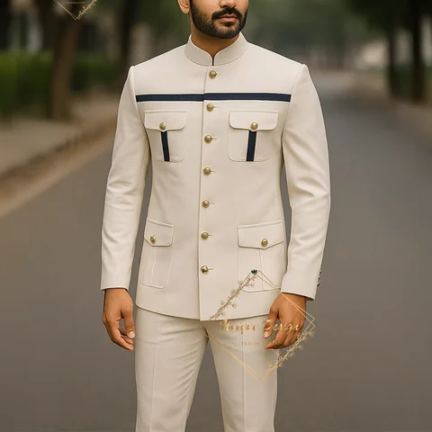Ivory Formal Safari Suit Custom Made Indian Menswear for Wedding Groom Men's 2pcs Set Jacket Pants Slim Fit Party Dress