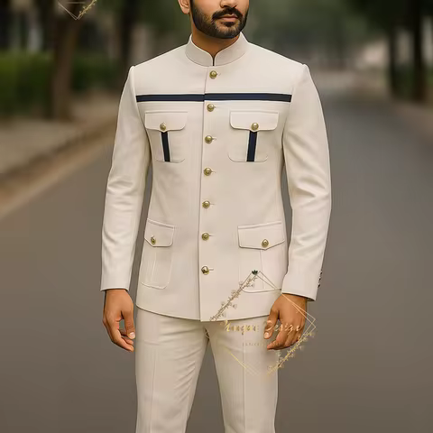 Ivory Formal Safari Suit Custom Made Indian Menswear for Wedding Groom Men's 2pcs Set Jacket Pants Slim Fit Party Dress