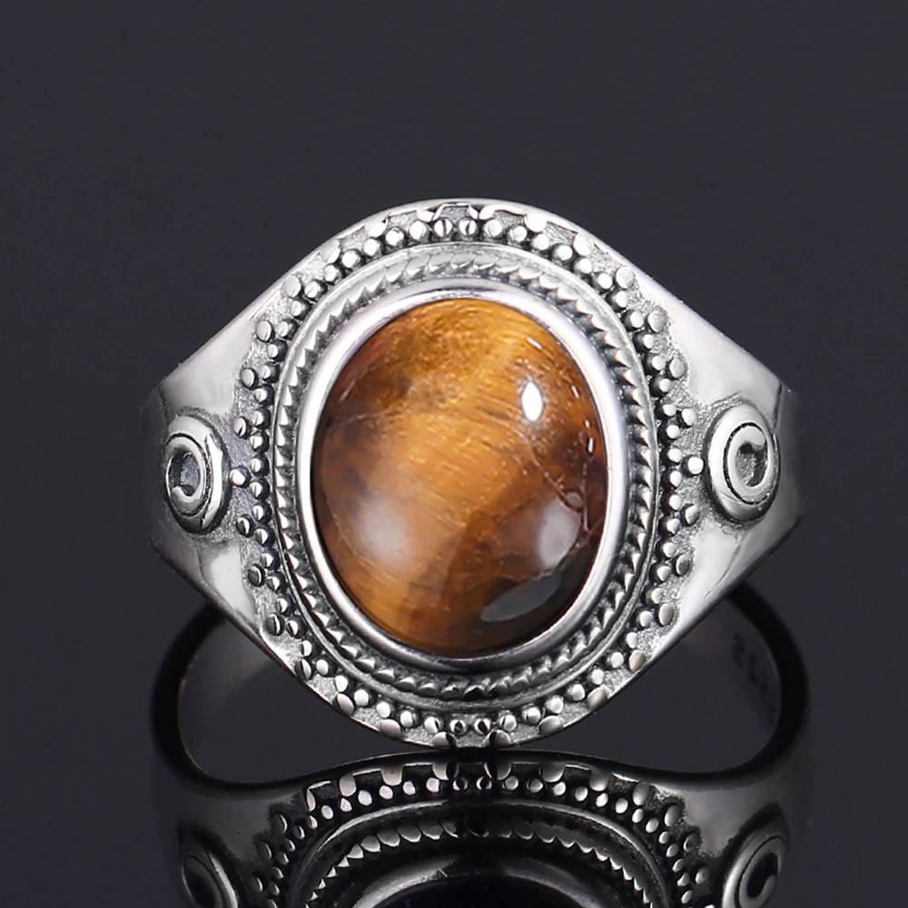S925 Silver Ring Big Oval 8*10MM Natural Moonstone Turquoise Lapis Tiger Eye Rings for Women Gifts Fine Jewelry