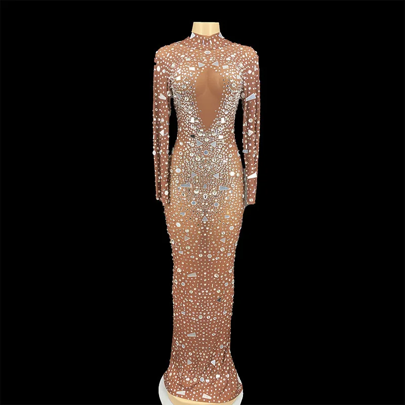 Sparkling Rhinestone Sequins Transparent Long Dress For Dinner Celebration Luxurious Attire Dancer\'s Wedding Party Dress Host