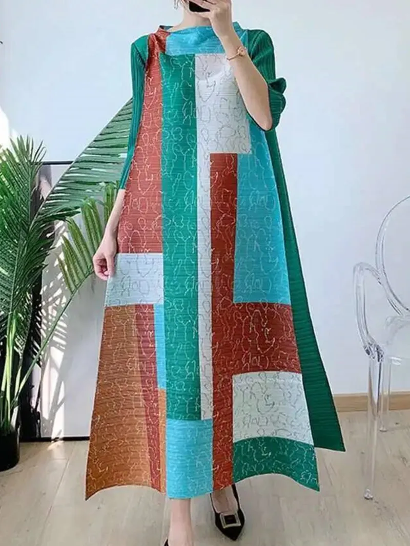 Langes Plissiertes Kleid für Damen mit Rollkragen, Weitem Saum und Farbblock-Druck, Modische Damenmode 2025 Neu DUU7