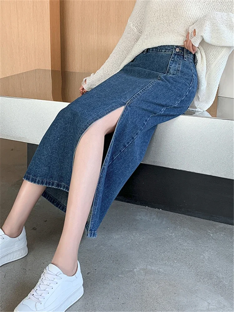 تنورات دينم بفتحة جانبية عالية الخصر للنساء ، تنورات رعاة البقر ، جينز أزرق عتيق للنساء ، جديد ، الربيع والصيف ، #5