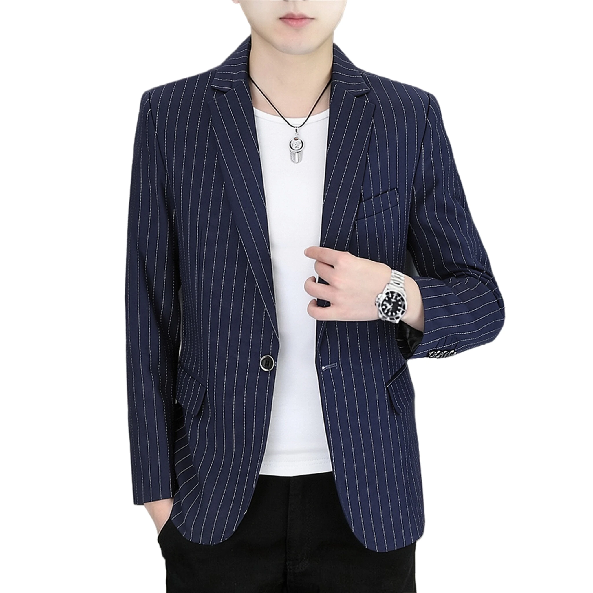Men's Business Suit Jacket Spring Autumn Fashion Personalized Vertical Stripes One Button Formal Gentleman Top Office Banquet