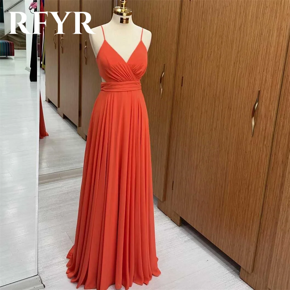 

RFYR Simple Orange Long Party Dress Beach Sexy Night Dresses Pleats Satin Spaghetti Strap Celebrity Dresses vestidos de fiesta