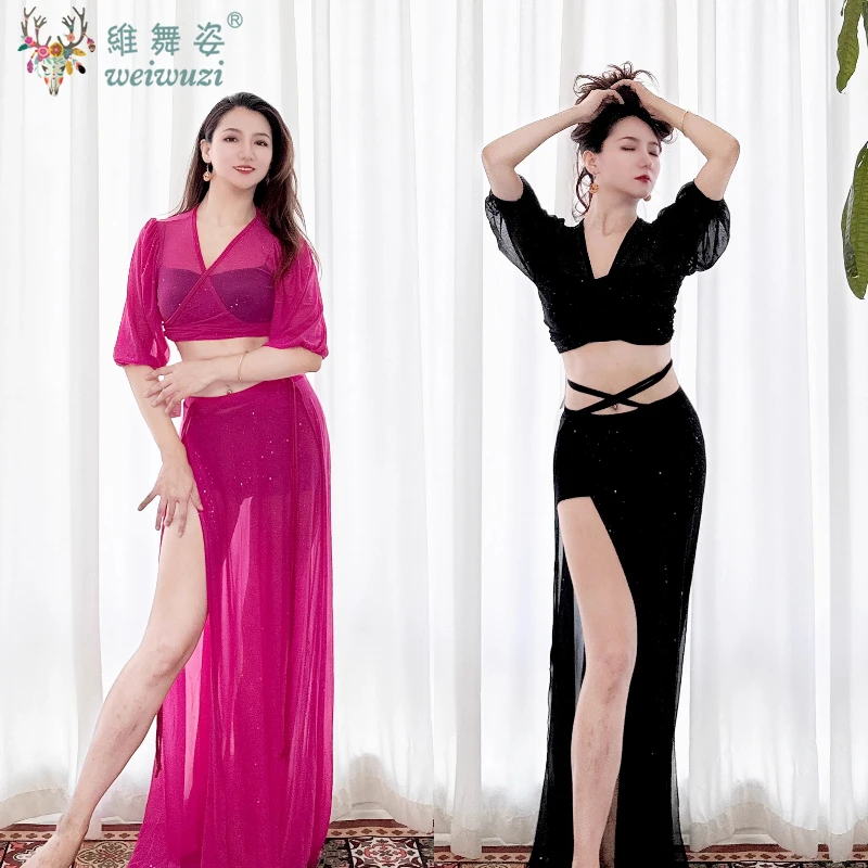Roupas de prática de dança do ventre para mulheres terno de dança do ventre malha manga curta topo + saia longa sexy feminino roupa de dança oriental
