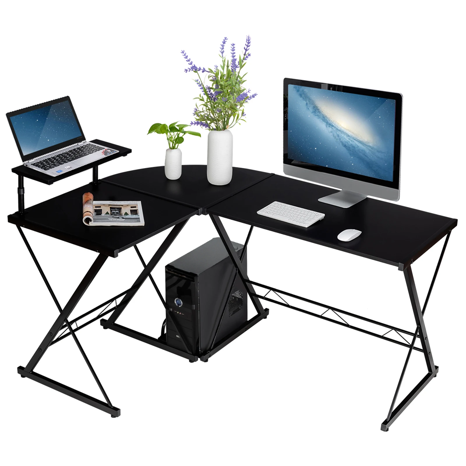 L-Shaped Wood computer table corner desk with Monitor Stand & storage compartment, space-saving desk for office