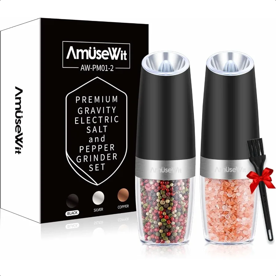 

Набор из 2 гравитационных электрических мельниц для соли и перца [белый свет] Автоматические мельницы для перца и соли на батарейках с LightAdju