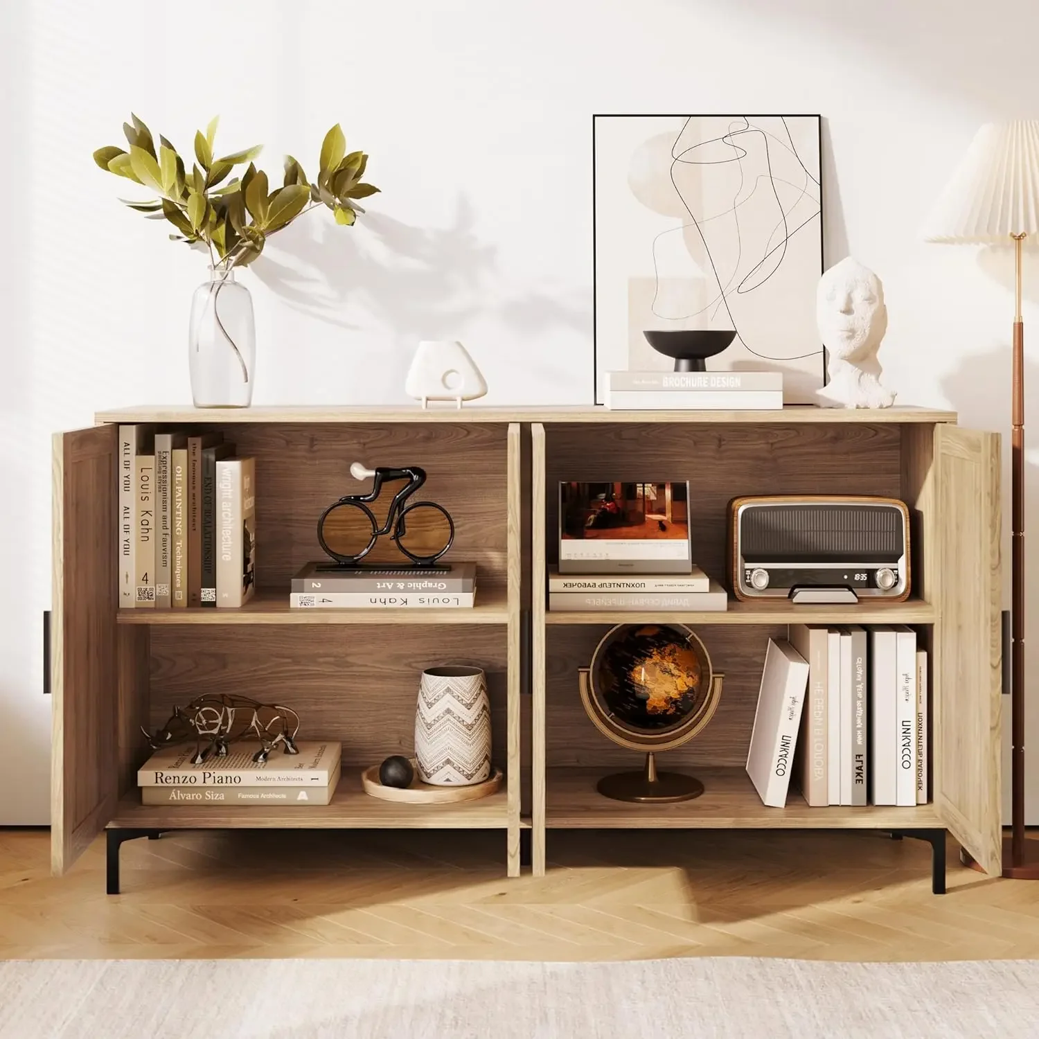 Sideboard - Kitchen Buffet Cabinet with Rattan Decorated Doors, 2/4 Doors Accent Sideboard Cabinet, Coffee Bar Cabinet Rattan