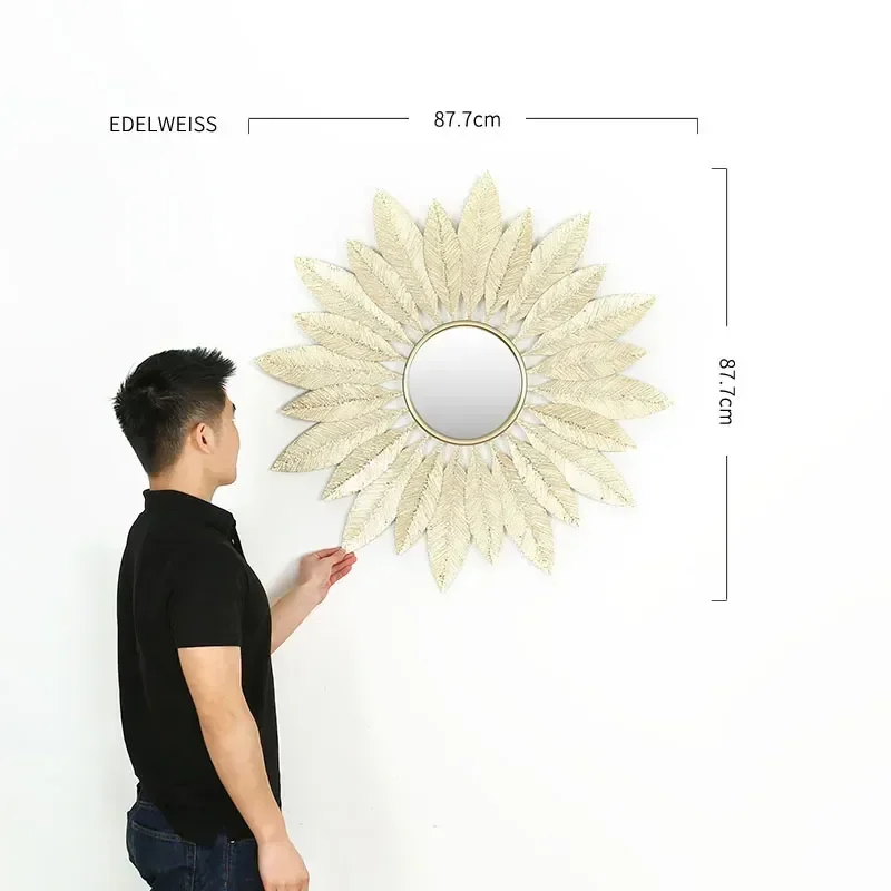 Wrought Iron Sun Decorative Mirror Wall Hanging Creative Light Luxury Entrance Dining Room Background Wall Decor