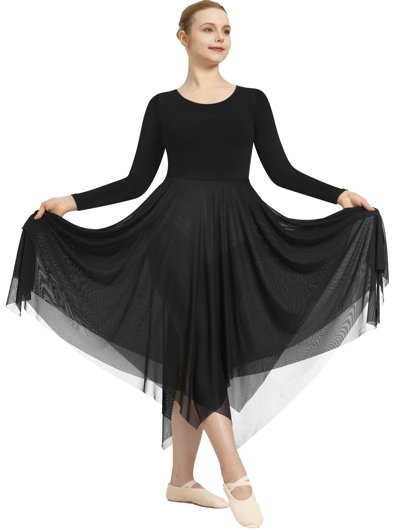 2024 Newest Praise Dance For Women Ballet Costume Dress Long Sleeve ,Double Layered Irregular Skirt,No Crotch And Lining