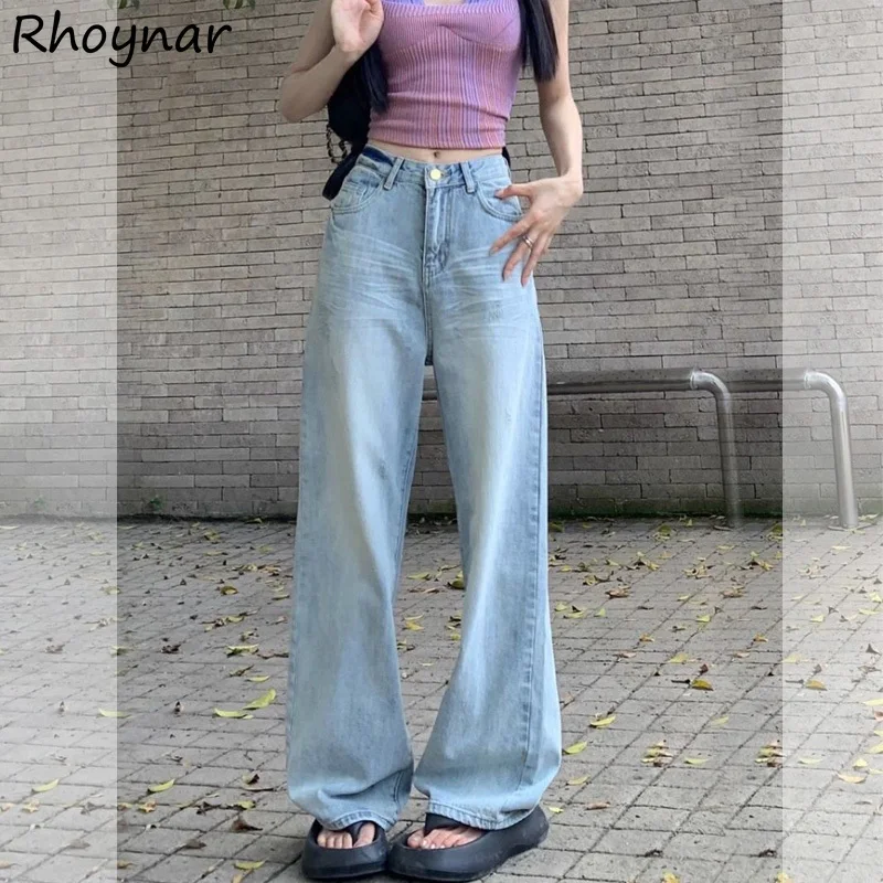 

Light Blue Jeans Women Simple Retro American Style Baggy Mopping Trousers Spring Autumn Students Casual High Waist Chic Wide Leg